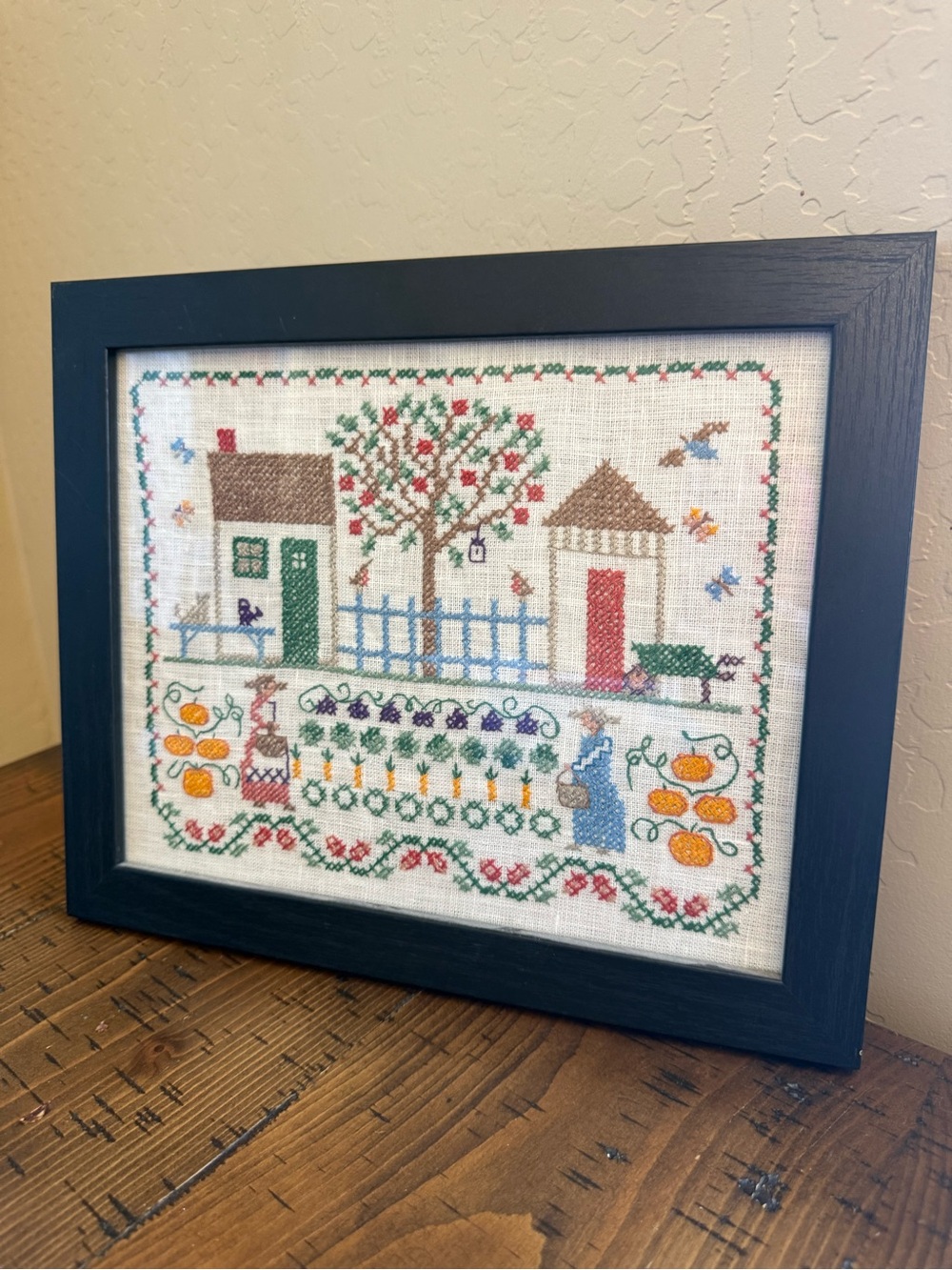 Vintage Cross Stitch Framed Art Farmhouse Garden Scene Handmade Needlework Boho